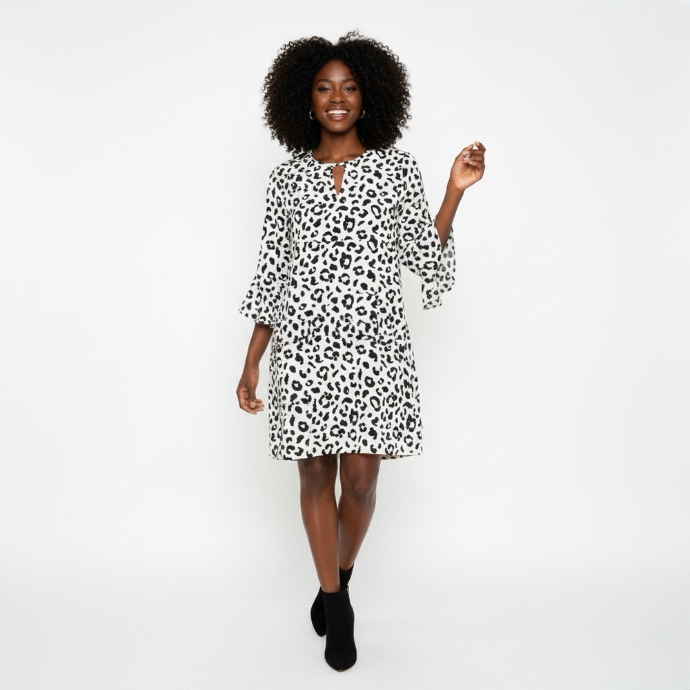 Mud Pie S Black White Leopard Print Ruffle Sleeve Shift Dress